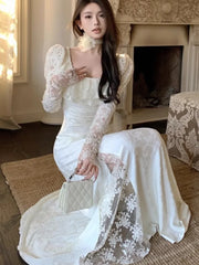 Lunivop Elegant Lace Sleeve Long Dress for Women Chic Square Neck Retro Spliced Strappy Pleated Ruffle Party Prom One Piece Mujer Autumn