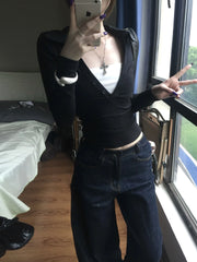 Lunivop American Retro Fake Two Pieces Tops Long Sleeve Skinny Y2k Japanese T-shirt Women Autumn 2000s Grunge Tops Tee E-girls