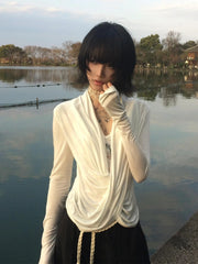 Lunivop Y2k Fairycore T Shirt Women Lace Patchwork Fake Two Pieces Tops Japanese 2000s Irregular Swing Collar Tee Tops E-girls