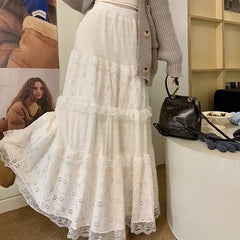 Lunivop Sweet White Lace Cake Skirt for Women Y2k E-Girl High Waist A-line Skirts 2025 Spring New Mid-length Loose Faldas Largas