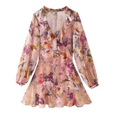 Lunivop Ruffles V neck Floral Print Chiffon Full Sleeve Dress Woman Ball Tassel Lacing up Bow Waist Mini Summer Dresses Femme Robe