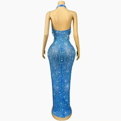Lunivop Blue Red Black Rhinestones Crystals Chain Heavy Luxury Gowns Sexy V-neck Backless Dress Women Party Show Photoshoot Stage Wear