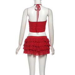 Lunivop Red Sexy Lace 2 Piece Set Women Lace-up Halter Backless Tank Crop Tops + Cascading Ruffles Mini Cake Skirts Party Clubwear Suits