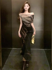 Lunivop Dresses Women Vintage Sexy Floral Printed Slash Neck Off Shoulder Slim Elegant Party Dress Female Fashion Temperament