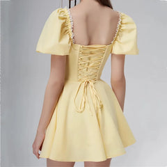 Lunivop Sweet Yellow Splice Lace Bodycon Corset style Mini Dress Women Cross Lacing up Bandage Back Short Puff Sleeve Party Robe
