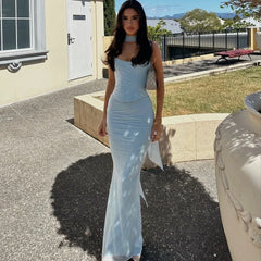 Lunivop Elegant Women 2 Piece Dress Set 2024 Strapless Bodycon Crop Top and Maxi Skirt Set Formal Wedding Guest Party Dress