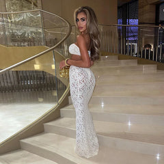Lunivop Lace Perspective Sexy Party Two Piece Set Strapless Crop Top And Long Skirts 2 Pieces Set Women Summer Outfits