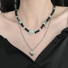 Lunivop Kpop Goth Vintage Y2K Star Heart Pendant Beaded Chain Necklace For Women Men Punk Jewelry Accessories