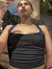 Lunivop Letter Rhinestones Tanks For Women Ribbed Crop Top Skinny Sexy Streetwear Party Club Y2K Clothes Drop Shipping