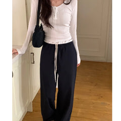Lunivop Korean Sle Chic Spring New Elastic Waist Lace Casual Pants Women Cotton 00% Comfortable Fit Casual Trousers for Ladies