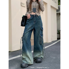 Lunivop Women Blue Jeans Cargo Pants Streetwear High Waist American Wide Leg Pants Fashion Y2K 90s Style Female Winter Straight Trousers