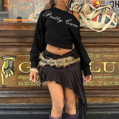 Lunivop BKLD Inclined Collar Letter Printed Fashion Crop Tops Autumn New Street Style Long Sleeve Loose Asymmetric Sexy Casual Pullovers
