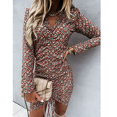 Lunivop Hot Selling New Fashionable Autumn and Winter New V-neck Drawstring Casual Dress Home Women's Long Sleeved Dress