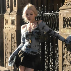 Lunivop Fake Two Piece T-shirt for Women Vintage Tie-dye Mesh Long Sleeve Tops Mujer Summer New Slim Fit Sun Protection Tees