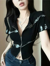 Lunivop Harajuku Y2K T Shirt Women Slim Sexy Cropped Double Zipper Vintage Tees Streetwear Vintage American Casual O Neck Lady Tops