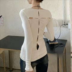 Lunivop Korean Retro Bow Stitching Casual Long Sleeve T-shirt Women Winter New High Street O-neck Hollow Sexy Slim Solid Color Tops