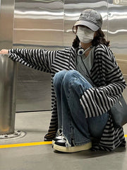Lunivop Harajuku Y2k Top Black Gray Striped Cardigan Autumn Loose Casual Long-Sleeved Top Woman Clothes Grunge Korean Fashion