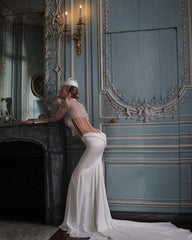 Lunivop High O-neck Pearls Long Sleeve Mermaid Dress Floor Length See Through Women White Bridal Satin Dresses Custom Made Wedding Gown