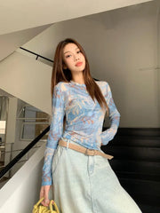 Lunivop Vintage Tie Dye Printed O-neck Slim Fit Tee Shirt Y2k Thin Mesh Long Sleeved T-shirts Summer New Chic Top for Women