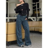 Lunivop Women's Retro Wide Leg Baggy Blue Casual Denim Trouser Harajuku Aesthetic High Waist Loose Jeans 2024 Autumn Leopard Print Pant