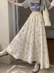 Lunivop Korean Floral Women Long Skirts Loose Summer High Waist Sweet A Line Skirt Casual Vintage Prairie Chic Female Long Skirt