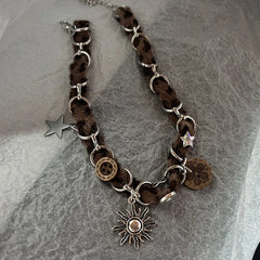 Lunivop Y2K Brown Opal Sun Pendant Necklace for Men Women Hip Hop Crystal Cross Leather Patchwork Necklace Grunge Party Jewelry