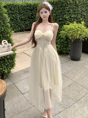 Lunivop White Mesh Patchowrk Lace Diamonds Chic Sling Dress for Women Summer Elegant Luxury Dress Gown 2025 Korean Vintage Evening Dress