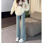 Lunivop Light Blue Frayed Hem Design Micro Flare Jeans Plus Size for Pear Shaped Fat MM High Waist Slim Fit Pants