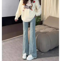 Lunivop Light Blue Frayed Hem Design Micro Flare Jeans Plus Size for Pear Shaped Fat MM High Waist Slim Fit Pants