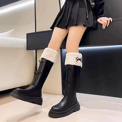 Lunivop Winter Short Plush Women Knee High Boots Ladies Fashion Bowknot Round Toe Thick Bottom Long Boots Retro Botas De Mujer