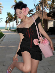 Lunivop Off Theshoulder Popcorn Sleeveelss Ruffles Short Dress 2024 Y2K Streetwear korean Summer Elegant Ladies Casual Clothes