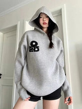 Lunivop Vintage Gray Hooded Sweaters Women Lazy Wind Long Sleeve Loose Letter Knitted Jumper Casual American Retro Fall Pullovers