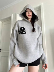 Lunivop Vintage Gray Hooded Sweaters Women Lazy Wind Long Sleeve Loose Letter Knitted Jumper Casual American Retro Fall Pullovers