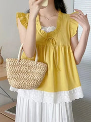 Lunivop Sweet Lace Patchwork Tanks Women Loose Flying Sleeve Elegant Tanks Tops Vintage Casual Female Korean Summer Retro Tops New