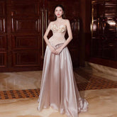 Lunivop Pretty Satin Strapless Sweetheart Florals Appliques Evening Dress Women Long Elegant Wedding Party Prom Cocktail Dress Gowns