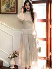 Lunivop Elegant Chic French Pleated Solid Dresses New Puff Sleeves Slim Wasit Midi Women's Dresses Party Prom Female Clothes Mujer