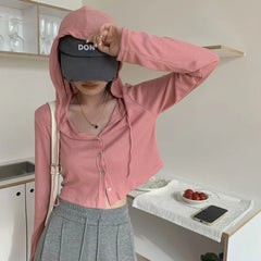 Lunivop Rimocy Summer Knitted Hooded Cardigan Women Korean Streetwear Single Breasted Crop Tops Woman Solid Long Sleeve Knitwear Top
