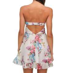 Lunivop Ruched Chest Floral Print Strapless Mini Chiffon Dress Women Ruffles Hem Elastic Bandage Backless Holiday Dresses Robe