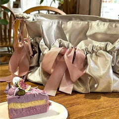 Lunivop Harajuku Bow Silver Messenger Bag Women Sweet Cool Soft Large Capacity Ita Bags Ladies Fairycore Aesthetic Y2k Bag Chic