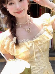 Lunivop New Super Fairy Slim Fresh Sweet Cute Dresses Sleeve Chic Yellow A-line Mini Dress Women Spring Summer Fashion Vestido