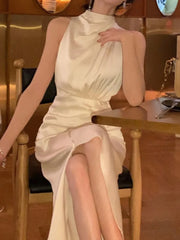 Lunivop Women Summer Halter Satin Midi Party Dress Sleeveless Bodycon Slim Casual Solid Birthday Vestidos Female One Pieces Fashion Robe