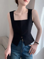 Lunivop Sexy Slit Slim Tanks Women Fashion Cropped Korean Black Tops Casual Elegant Design Square Collar Female Chic Short Tanks