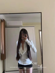 Lunivop Y2k Fake Two Piece Patchwork Long Sleeve Blouses Simple White Slim Fit Bottoming Tops Mujer 2025 Spring New Blusas Mujer