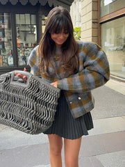 Lunivop Elegant Plaid Puff Sleeve Woolen Coats Women Retro Chic O-neck Double Breasted Jackets Lady Autumn Casual Daily Outwear Tops