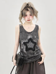 Lunivop Hole Retro Y2K Tanks Women Streetwear Loose Star Print Harajuku Tanks American Hip Hop V Neck Shirring Gothic Tops Summer