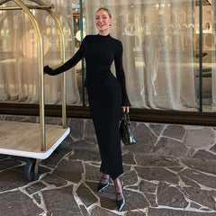 Lunivop Long Sleeve Elegant Evening Patchwork Zipper Bodycon Long Dress Winter Casual Clothes Wholesale Slit Back Y2K Outfit