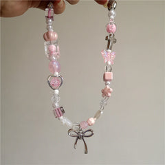 Lunivop Y2K Silver Color Bowknot Strawberry Pendant Chain Necklace Heart Cross Beaded Choker For Women Sweet Cool Aesthetic Jewelry Gift