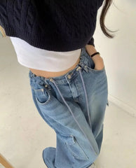 Lunivop High Street Lace-up Pleated Distressed Casual Jeans Women Summer New Korean Multi-pocket Loose Washed Denim Cargo Pants