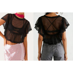 Lunivop Women Y2K Sheer Chiffon Lace Trim Crop Blouse Ruffle Sleeve Boho Vacation Coverup Babydoll Top Summer Going Out Shirt