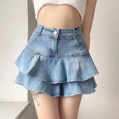 Lunivop Vintage Denim Skirt Shorts Women Summer Korean Fashion High Waist A-line Wash Blue Slim Cute Sexy Mini Jeans Ruffle Skirt Female